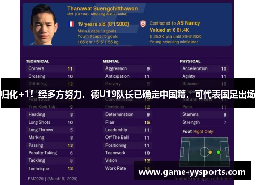 归化+1！经多方努力，德U19队长已确定中国籍，可代表国足出场